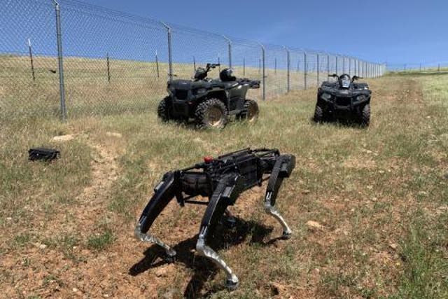 <p>A robot dog operating alongside ATVs in the southwest US</p>