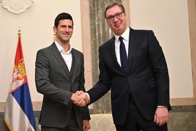 <p>Novak Djokovic (left) has thanked Serbian president Aleksandar Vukic for his support </p>