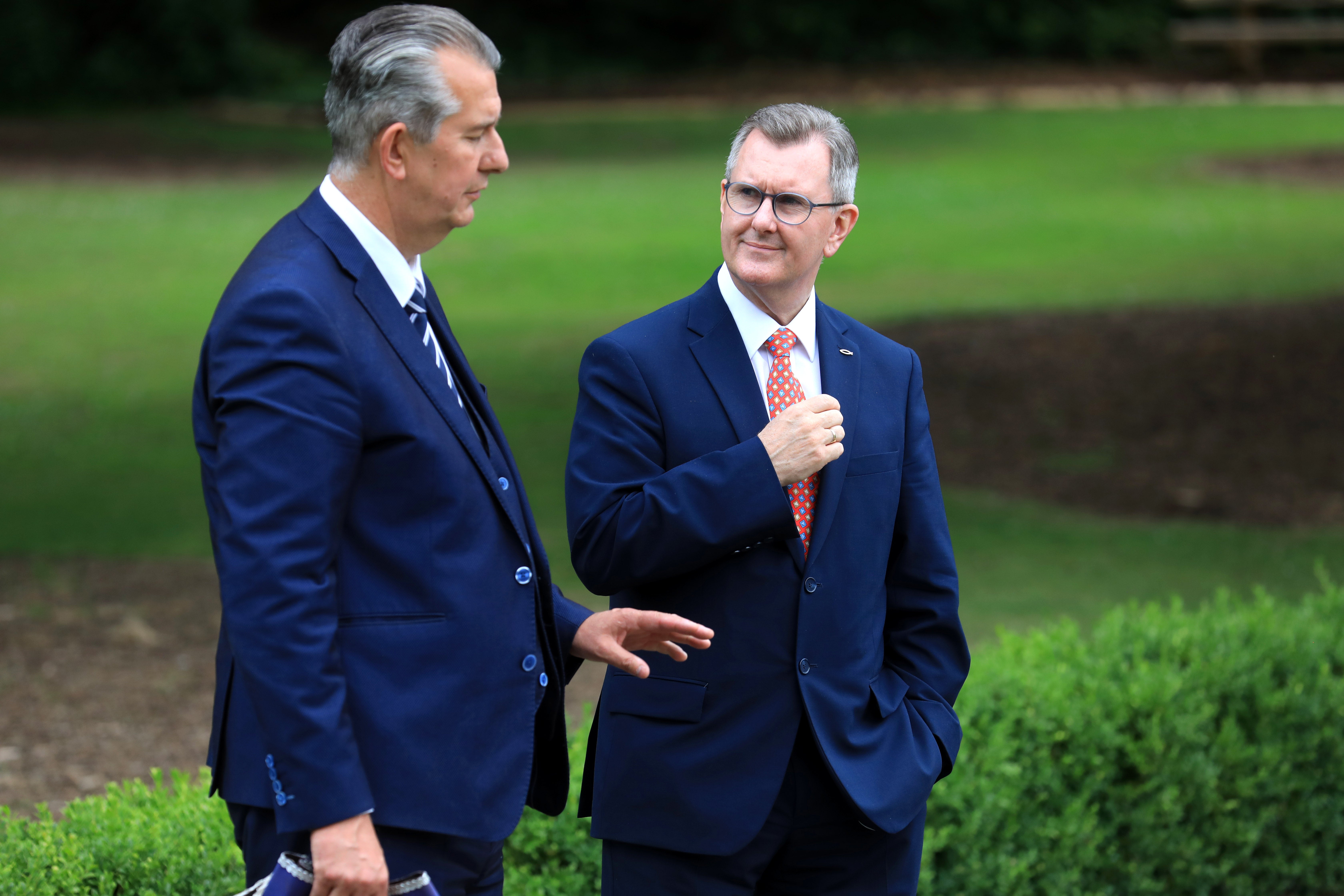 DUP leader Sir Jeffrey Donaldson (right) has denied that he encouraged party colleague Edwin Poots to run in South Down (Peter Morrison/PA)