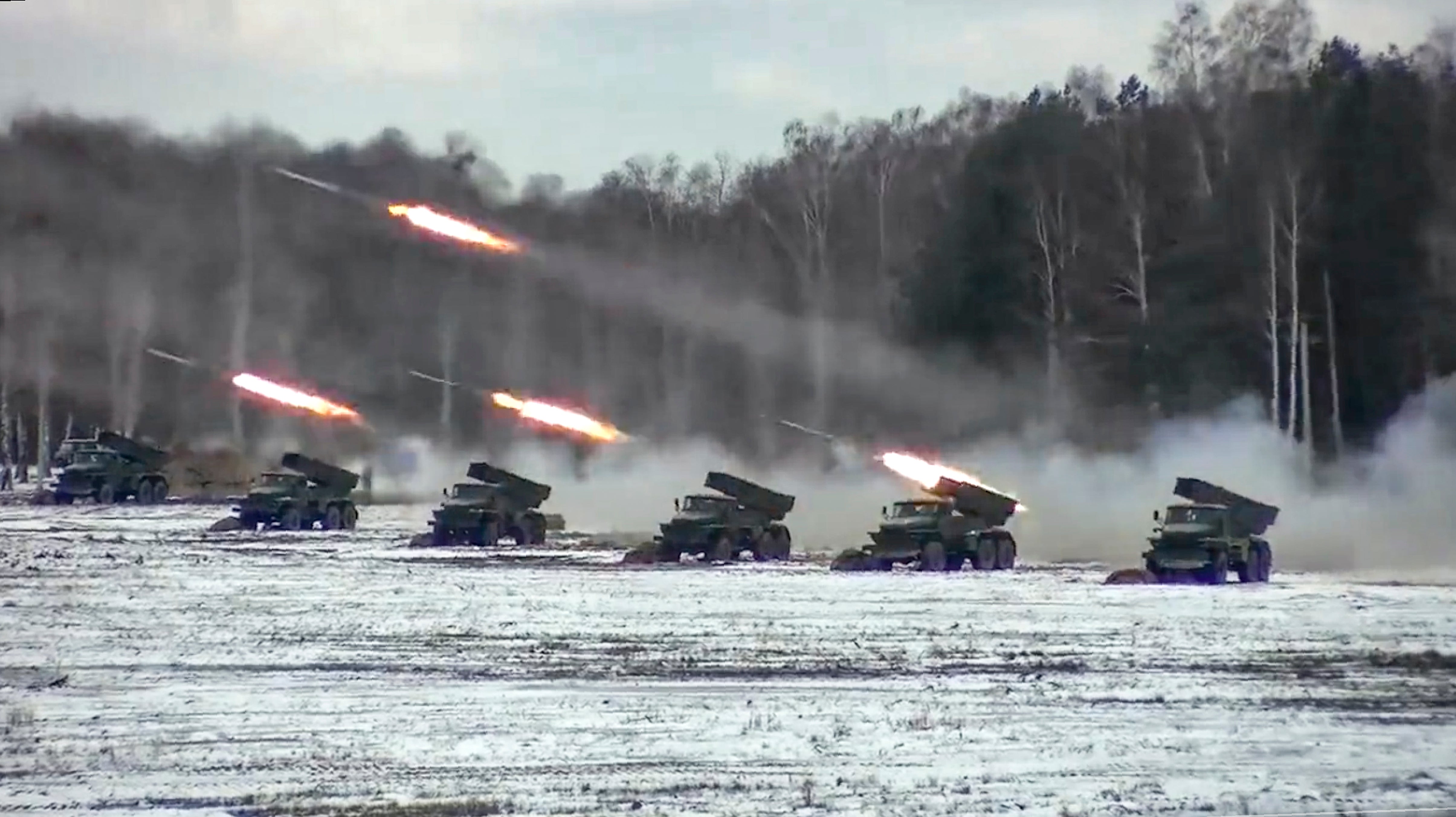 Multiple rocket launchers fire during Belarusian and Russian joint military drills in footage released by the Russian Defence Ministry