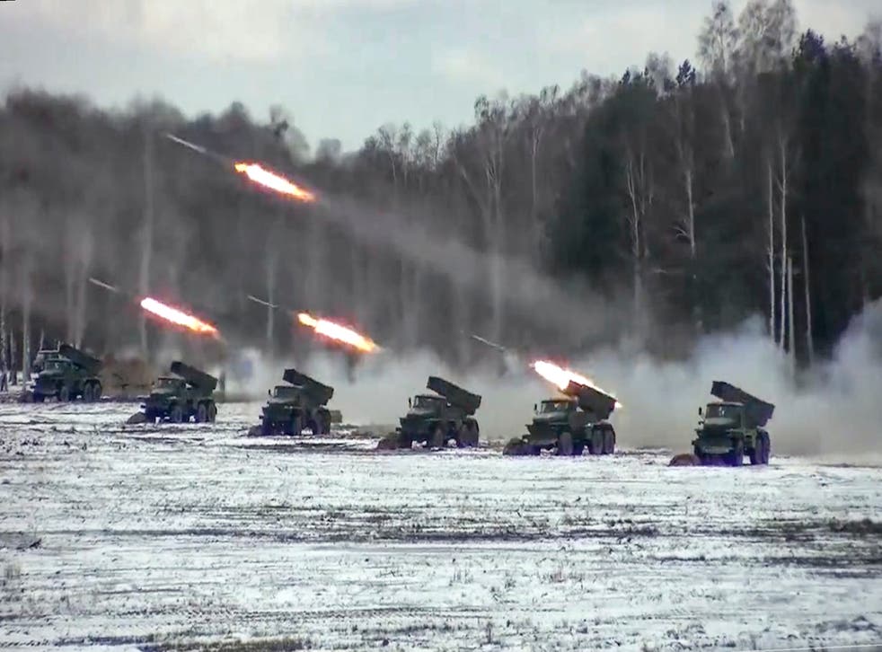 <p>Multiple rocket launchers fire during Belarusian and Russian joint military drills in footage released by the Russian Defence Ministry</p>