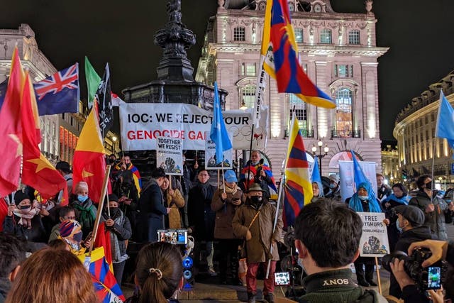 <p>Demonstrators gather in central London to protest against the Beijing Winter Olympics, 3 February 2022 </p>