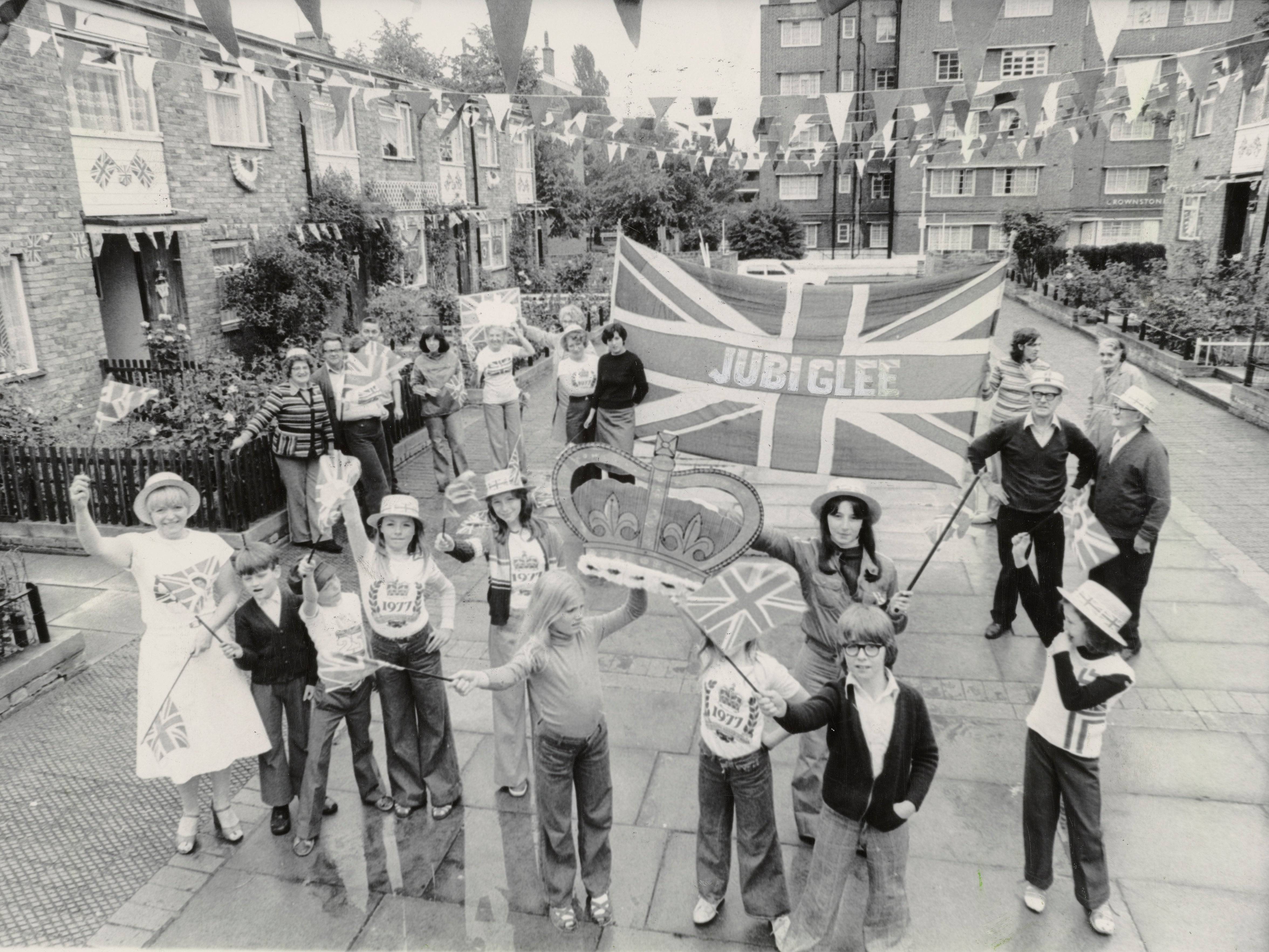 Residents in St Matthews Road, Brixton after they won a competition for the best decorated street to celebrate the Silver Jubilee of Queen Elizabeth II