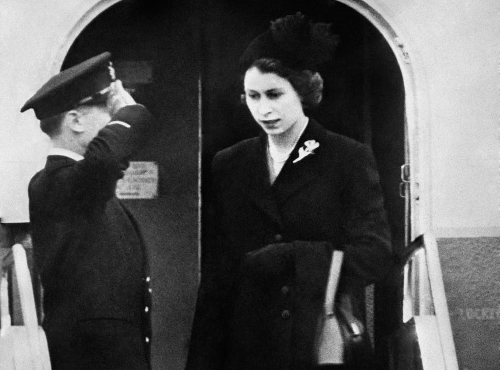 <p>Princess Elizabeth arrives in Britain as the Queen after the passing of her father, 1952</p>