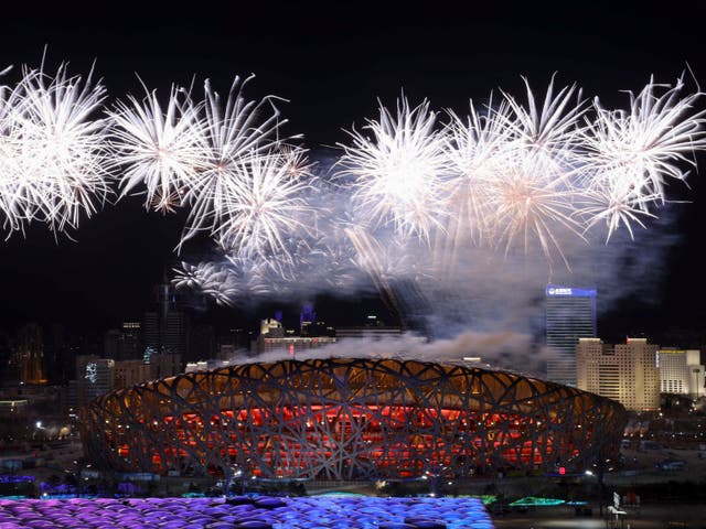 <p>Fireworks explode over the National Stadium, known as the Bird’s Nest, in Beijing</p>