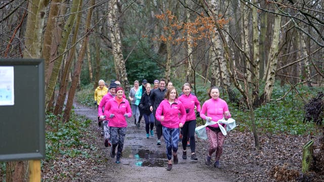 Female Metropolitan Police officers on a run with an all-women running club in Merton, south west London, as part of Scotland Yard’s efforts to ensure that women feel safe in public spaces (Luke Goodsall/PA