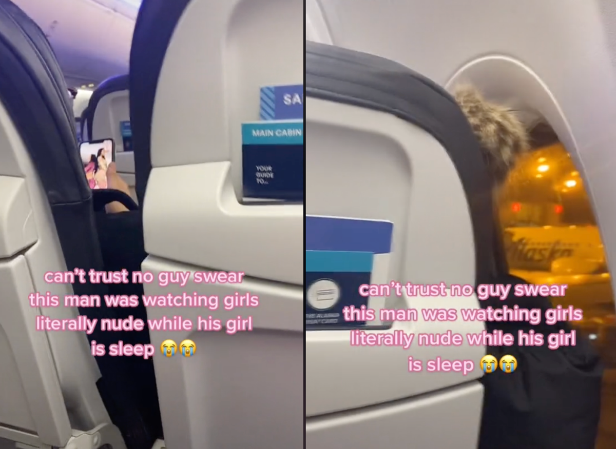Woman sparks debate after filming man looking at women on his phone as his girlfriend sleeps Woman sparks debate after filming man looking at women on his phone as his girlfriend sleeps