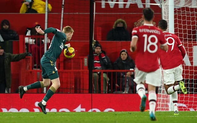 Middlesbrough’s Duncan Watmore handles the ball prior to Matt Crooks’ controversial equaliser at Old Trafford (Martin Rickett/PA)