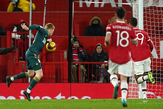 Middlesbrough’s Duncan Watmore handles the ball prior to Matt Crooks’ controversial equaliser at Old Trafford (Martin Rickett/PA)