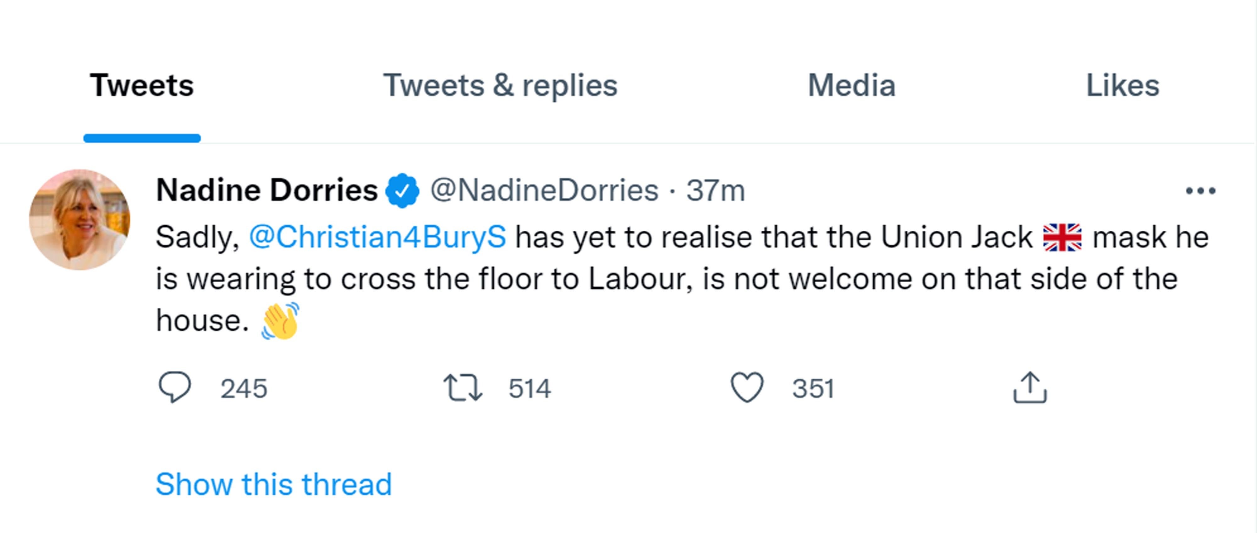 Screengrab from the Twitter feed of Nadine Dorries about Christian Wakeford (Nadine Dorries/Twitter)