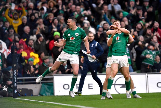 <p>Ireland celebrates Garry Ringrose’s bonus-point try</p>