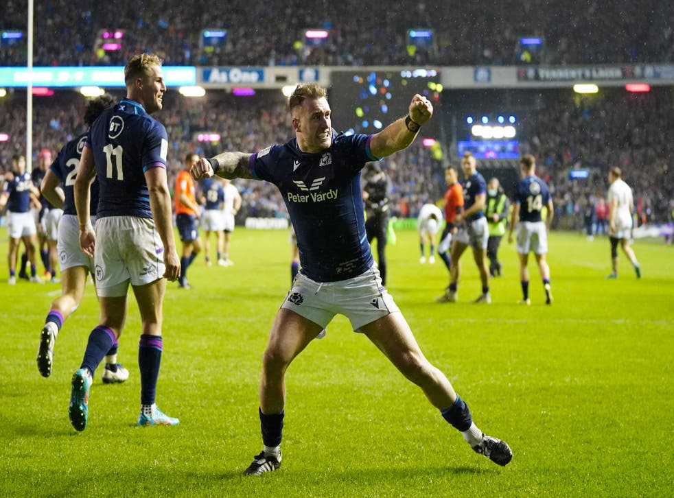 <p>Stuart Hogg celebrates Scotland’s victory</p>
