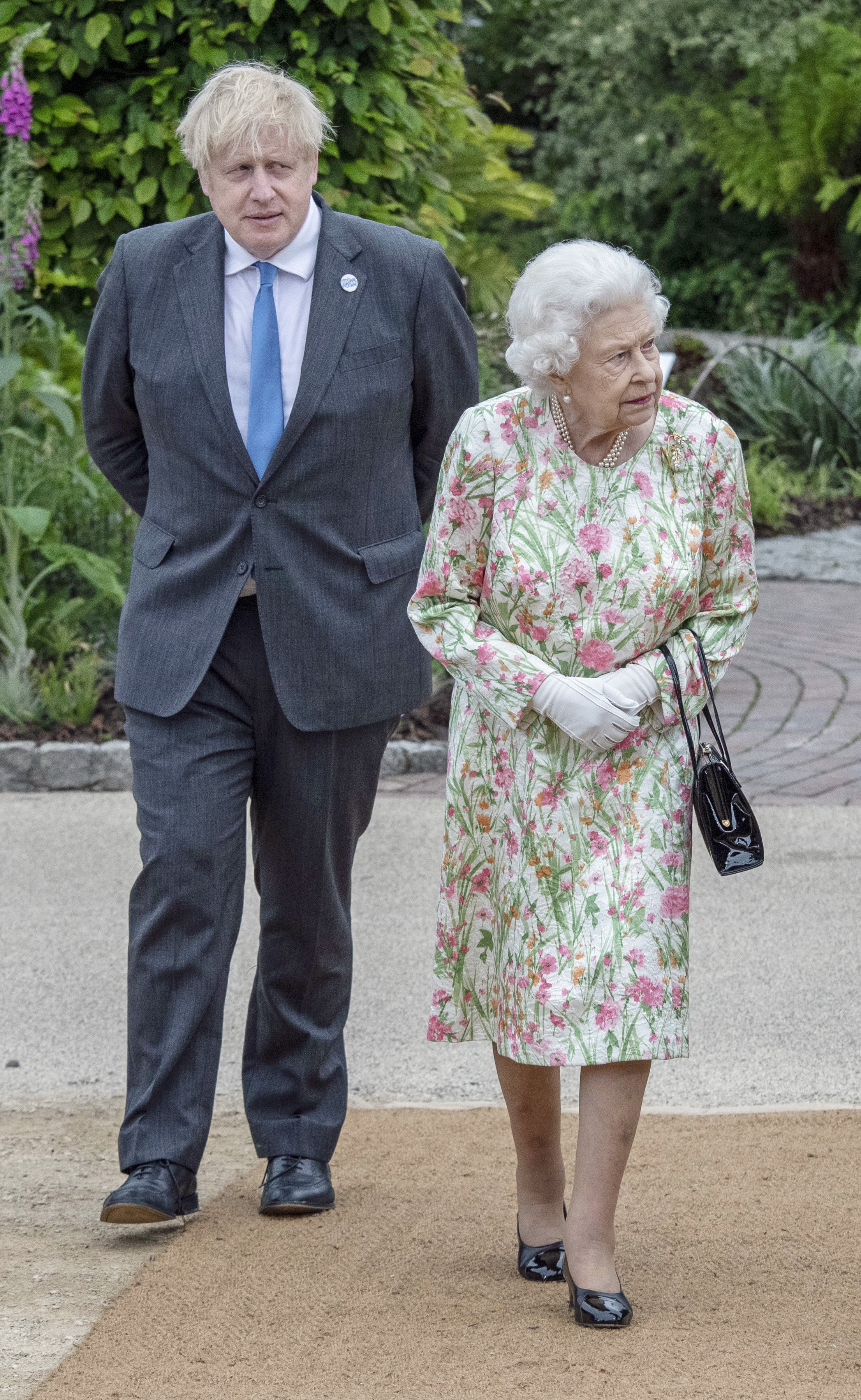 The Queen and Prime Minister Boris Johnson before a reception at the Eden Project during the G7 summit in Cornwall (Jack Hill/The Times/PA)