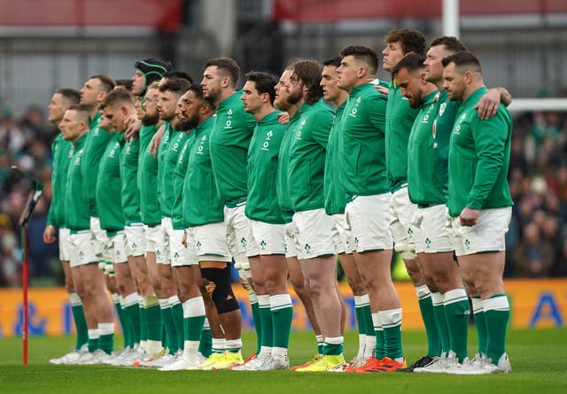 Mack Hansen (seventh from right) pictured before his inspired Ireland Test debut in the 29-7 Six Nations win over Wales (Niall Carson/PA Images).