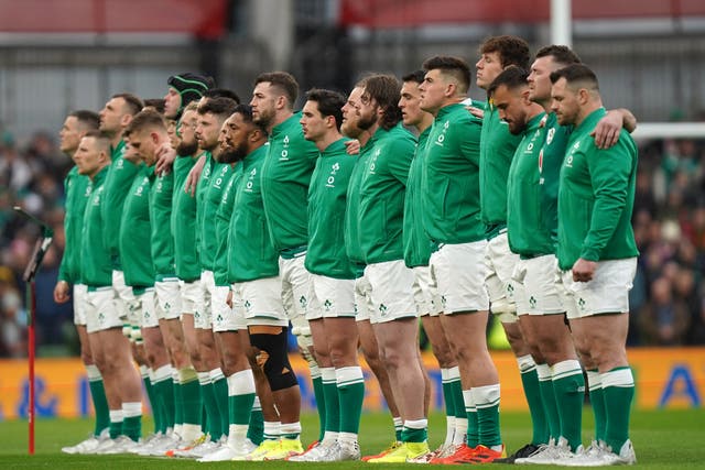 Mack Hansen (seventh from right) pictured before his inspired Ireland Test debut in the 29-7 Six Nations win over Wales (Niall Carson/PA Images).