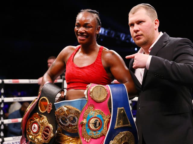 <p>Claressa Shields celebrates her victory over Ema Kozin in Cardiff</p>