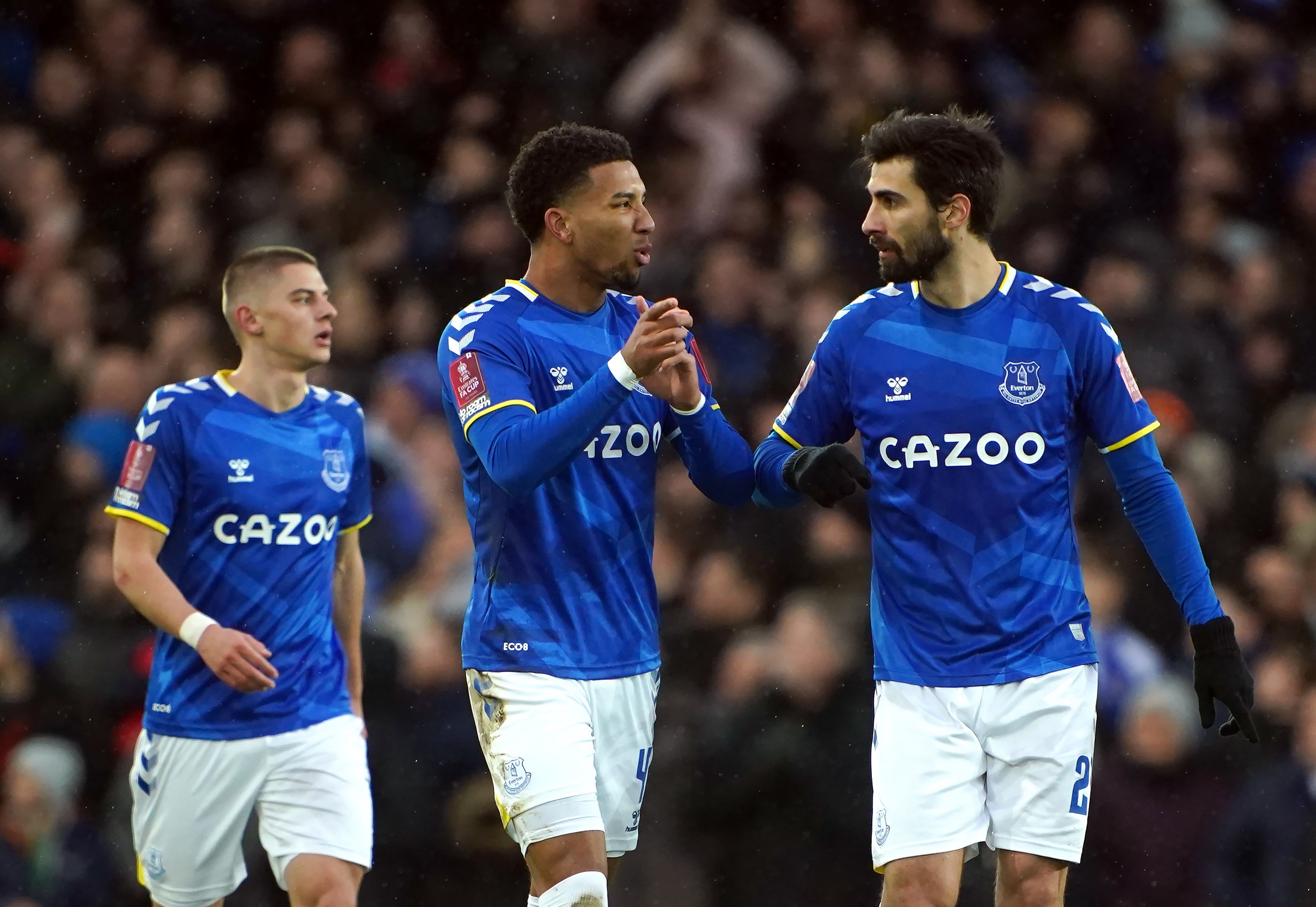 Mason Holgate (centre) celebrates scoring Everton’s third in the 4-1 FA Cup win over Brentford at Goodison Park (Peter Byrne/PA Images).