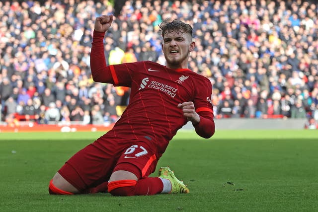 <p>Harvey Elliott celebrates his first Liverpool goal after a five-month injury lay-off </p>