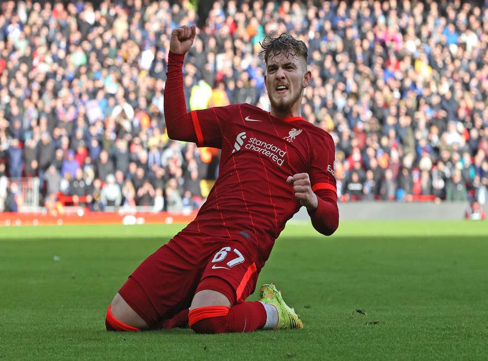 <p>Harvey Elliott celebrates his first Liverpool goal after a five-month injury lay-off </p>