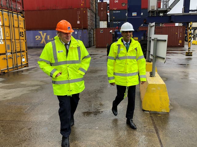 <p>Boris Johnson and chancellor Rishi Sunak visit Teesport in Middlesbrough, site of planned freeport</p>