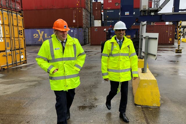 <p>Boris Johnson and chancellor Rishi Sunak visit Teesport in Middlesbrough, site of planned freeport</p>