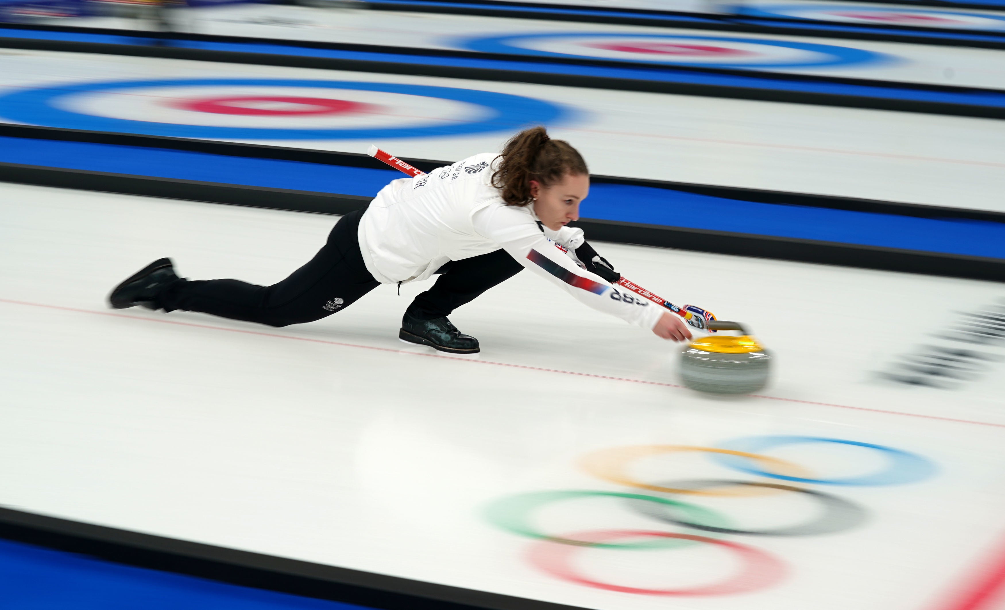 Jen Dodds launches a stone during the match against Norway