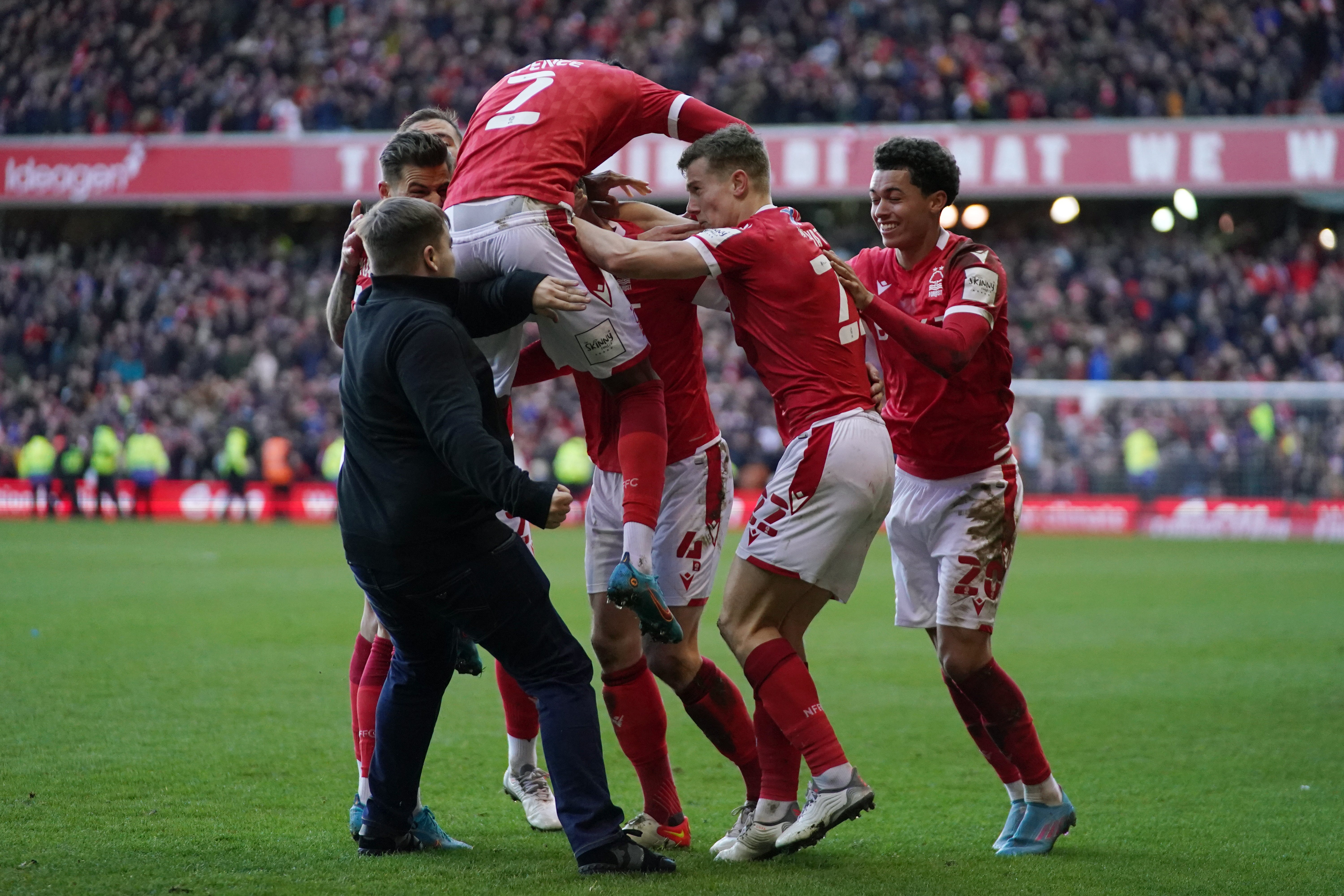 The Leicester fan appeared to attack Forest’s players as they celebrated