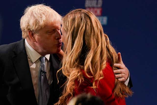 Prime Minister Boris Johnson with his wife Carrie after he delivered his keynote speech to the Conservative Party Conference in Manchester .(Jacob King/PA)