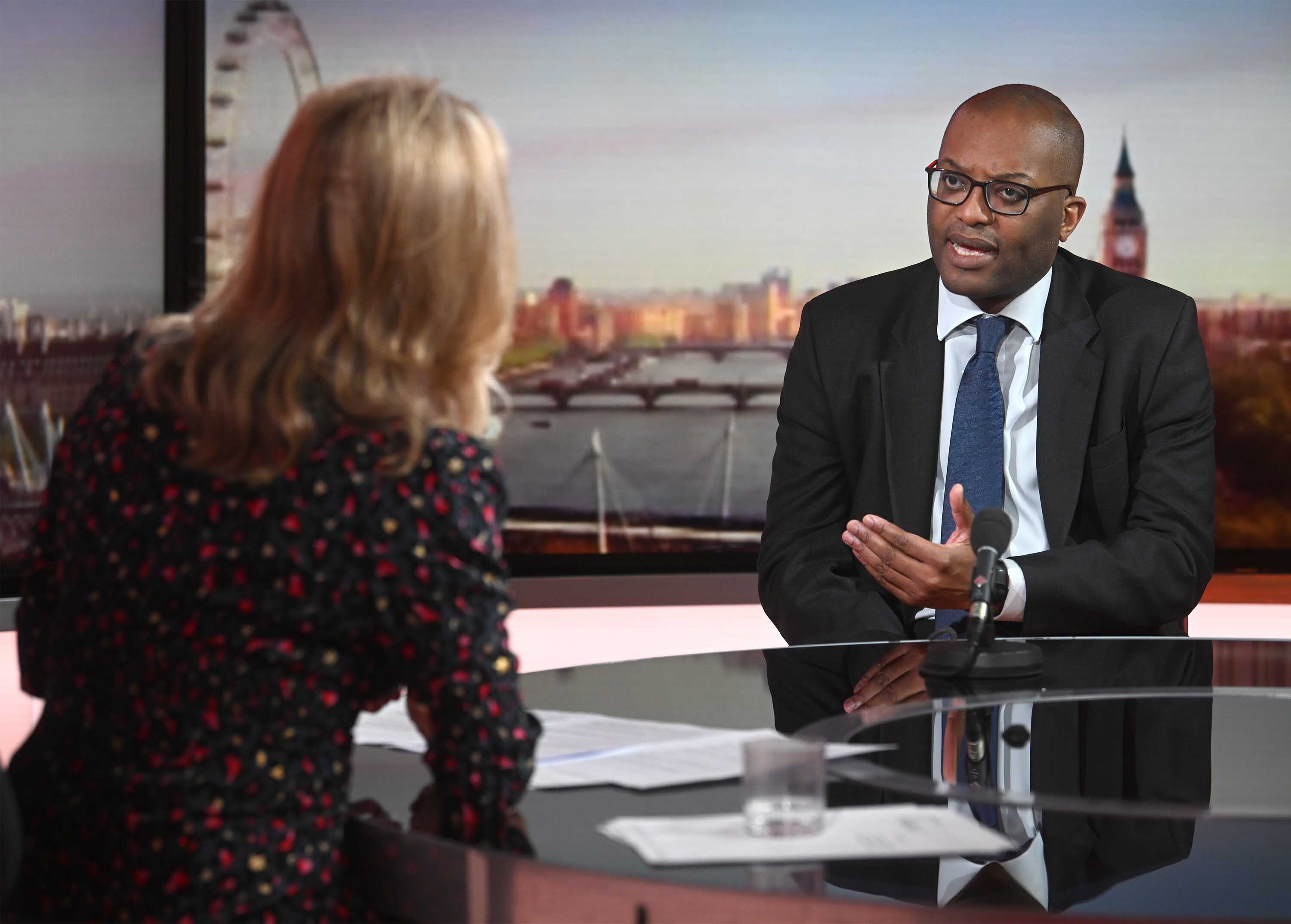 Business Secretary Kwasi Kwarteng, with host Sophie Raworth, appearing on the BBC1 current affairs programme, Sunday Morning. (Jeff Overs/BBC)