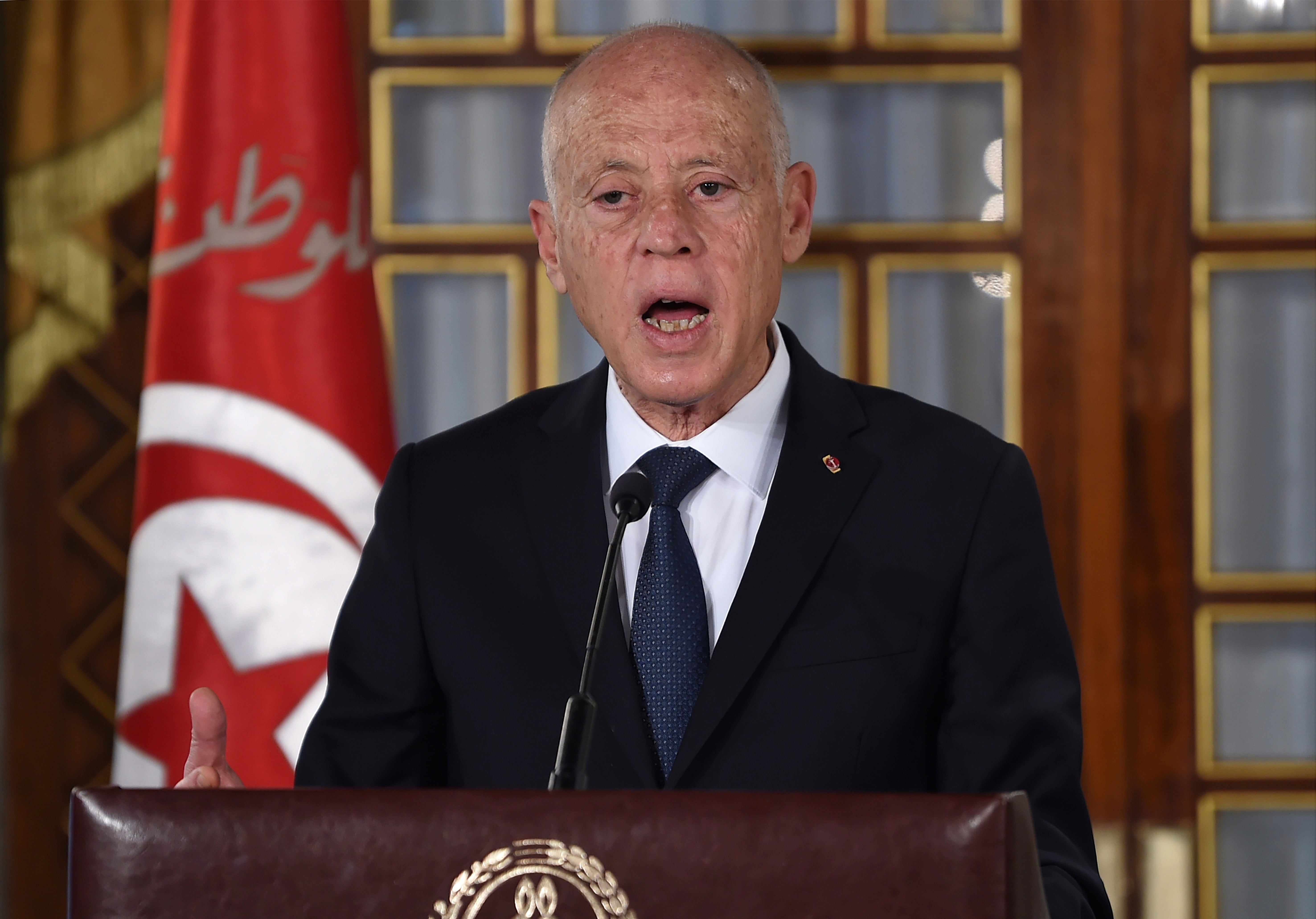 File photo: Tunisian President Kais Saied gives a speech at the Carthage Palace outside the capital Tunis, 27 February 2020