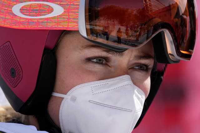<p>Mikaela Shiffrin of United States stands in the finish area after skiing off course</p>