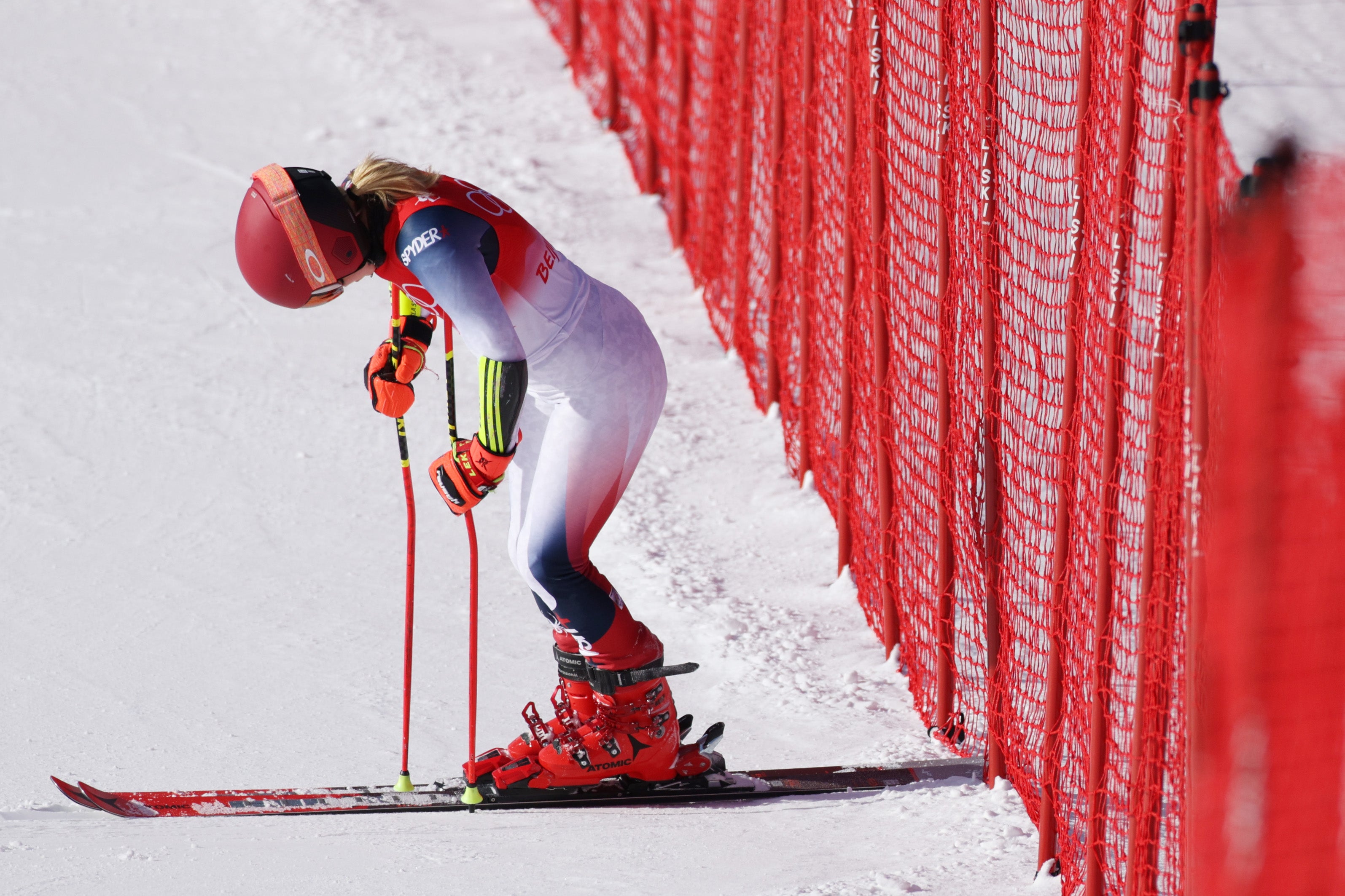 Mikaela Shiffrin of Team United States reacts after not finishing her run