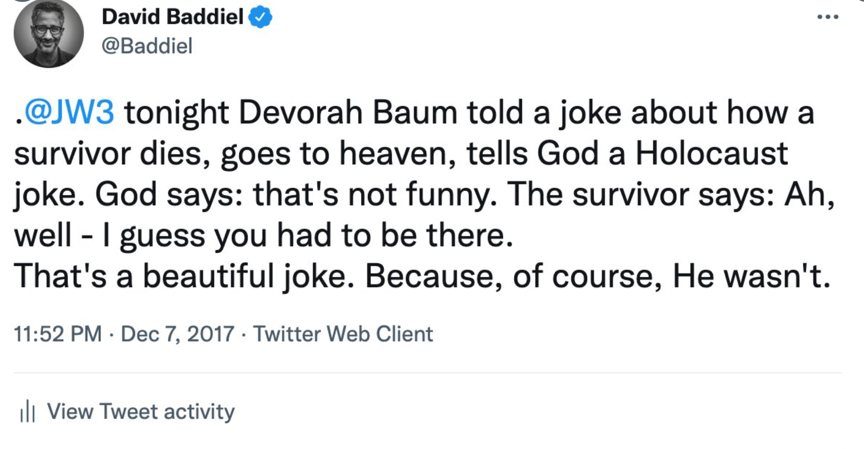 David Baddiel shared what he believes to be an acceptable joke about the Holocaust