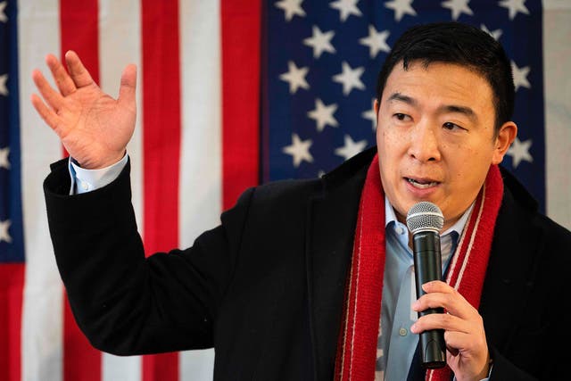 <p>Andrew Yang while campaigning for the 2020 Democratic presidential primary </p>