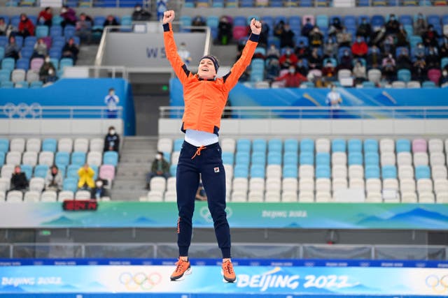 <p>Gold medallist Netherlands' Ireen Wust celebrates</p>