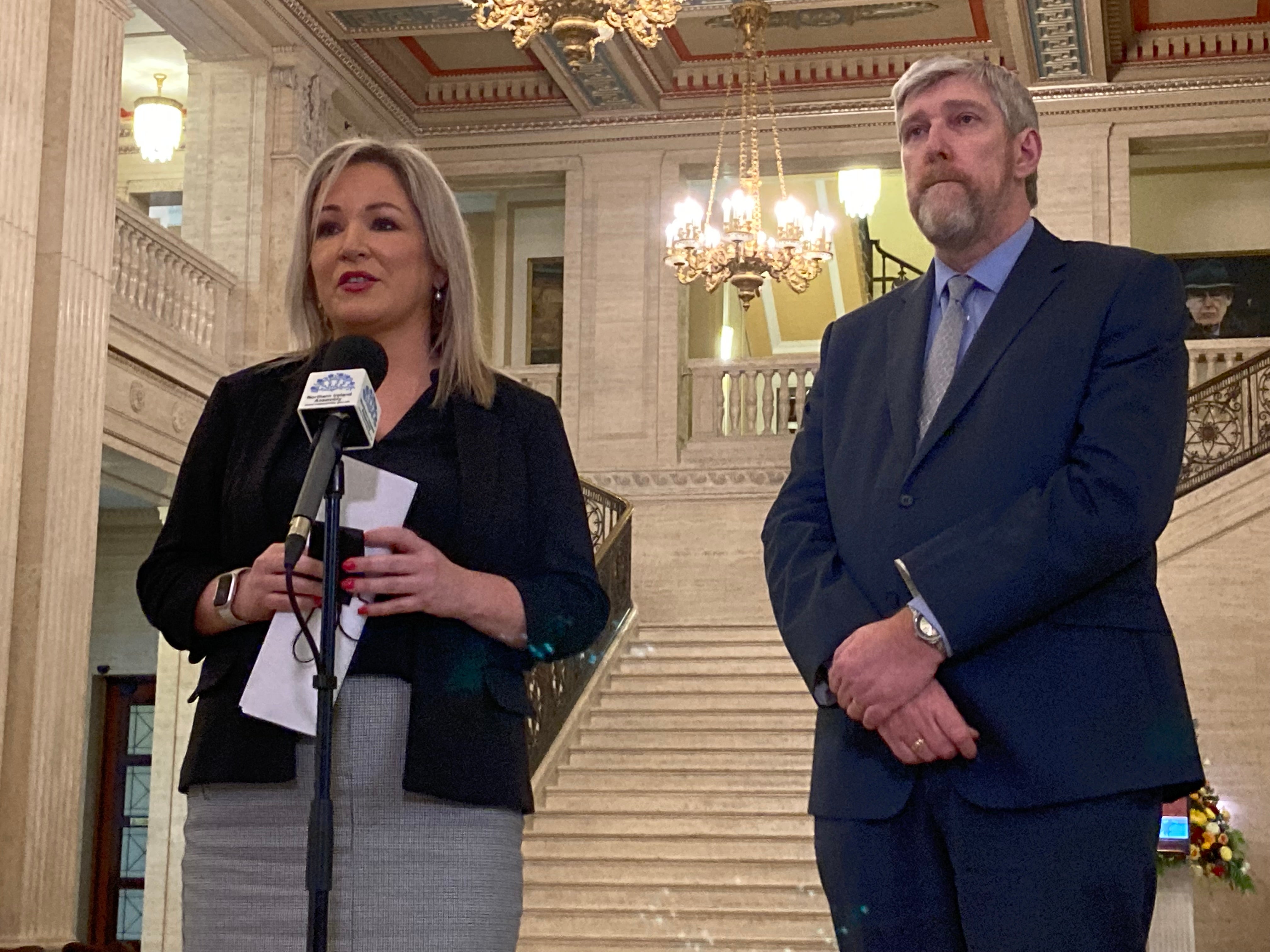 Sinn Fein’s Stormont leader Michelle O’Neill (left) with MLA John O’Dowd. (Rebecca Black/PA)