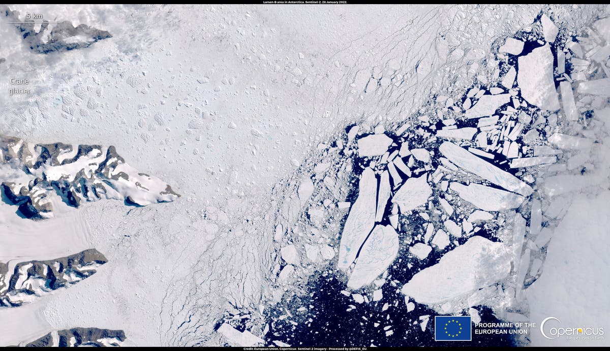 Dramatic satellite pictures show rapid break-up of Antarctic ice shelf the size of Barbados