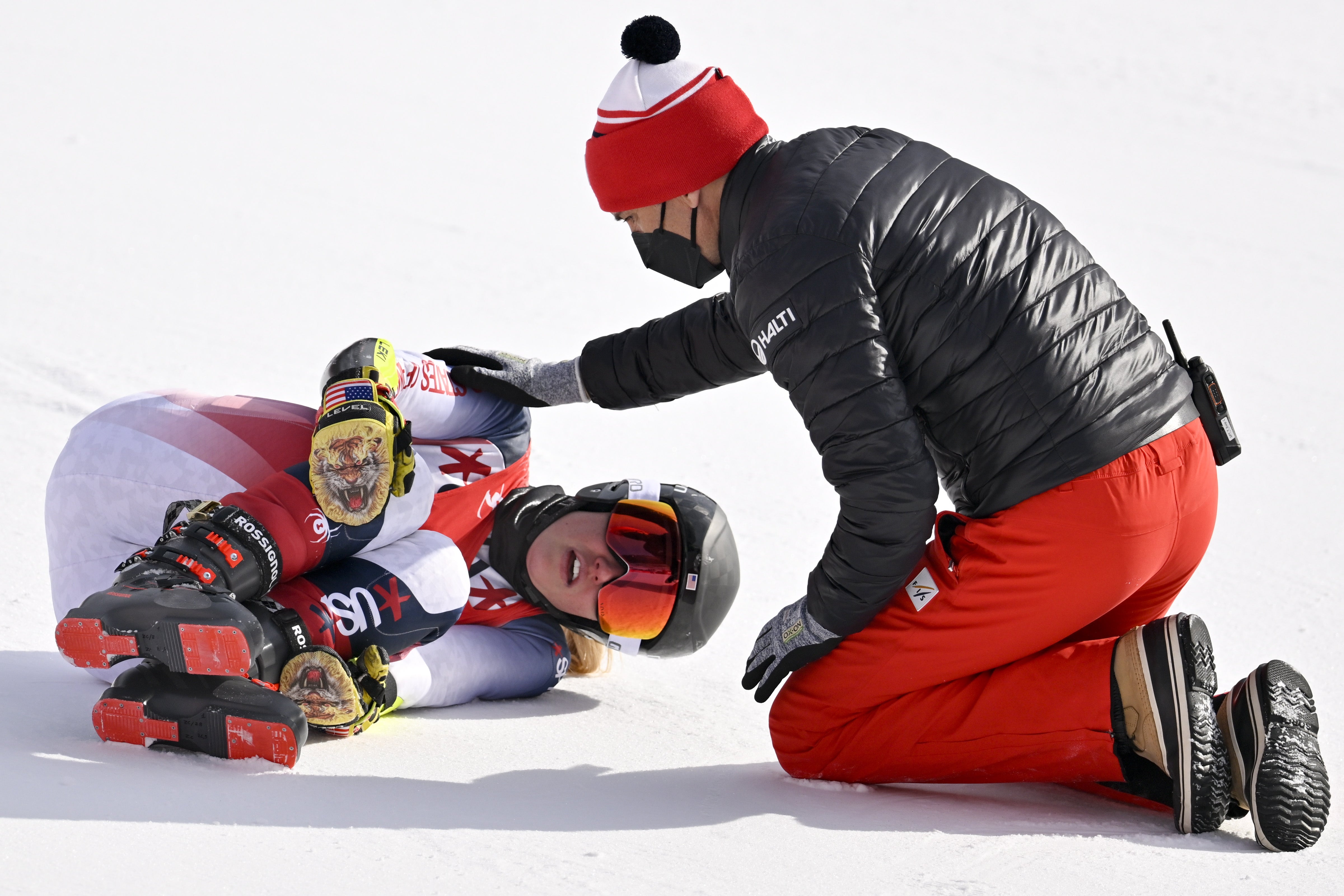 Nine O’Brien clutches her leg after crash