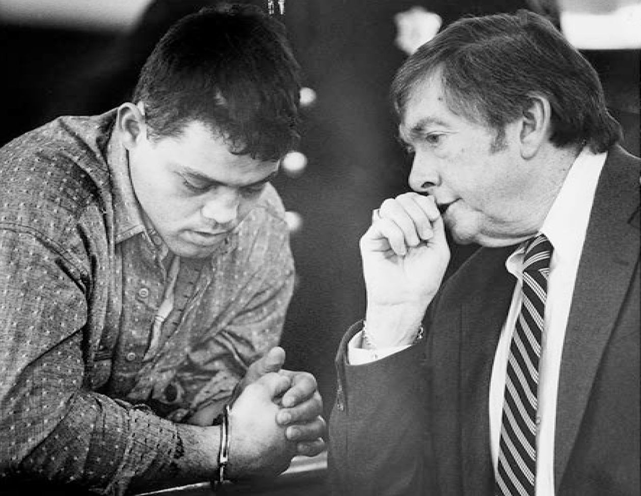 Anthony DeGrazia, accused of attacking prostitutes, with his first attorney, Edward Harrington, in New Bedford Superior Court on May 11, 1989 (Standard-Times photo by Hank Seaman)