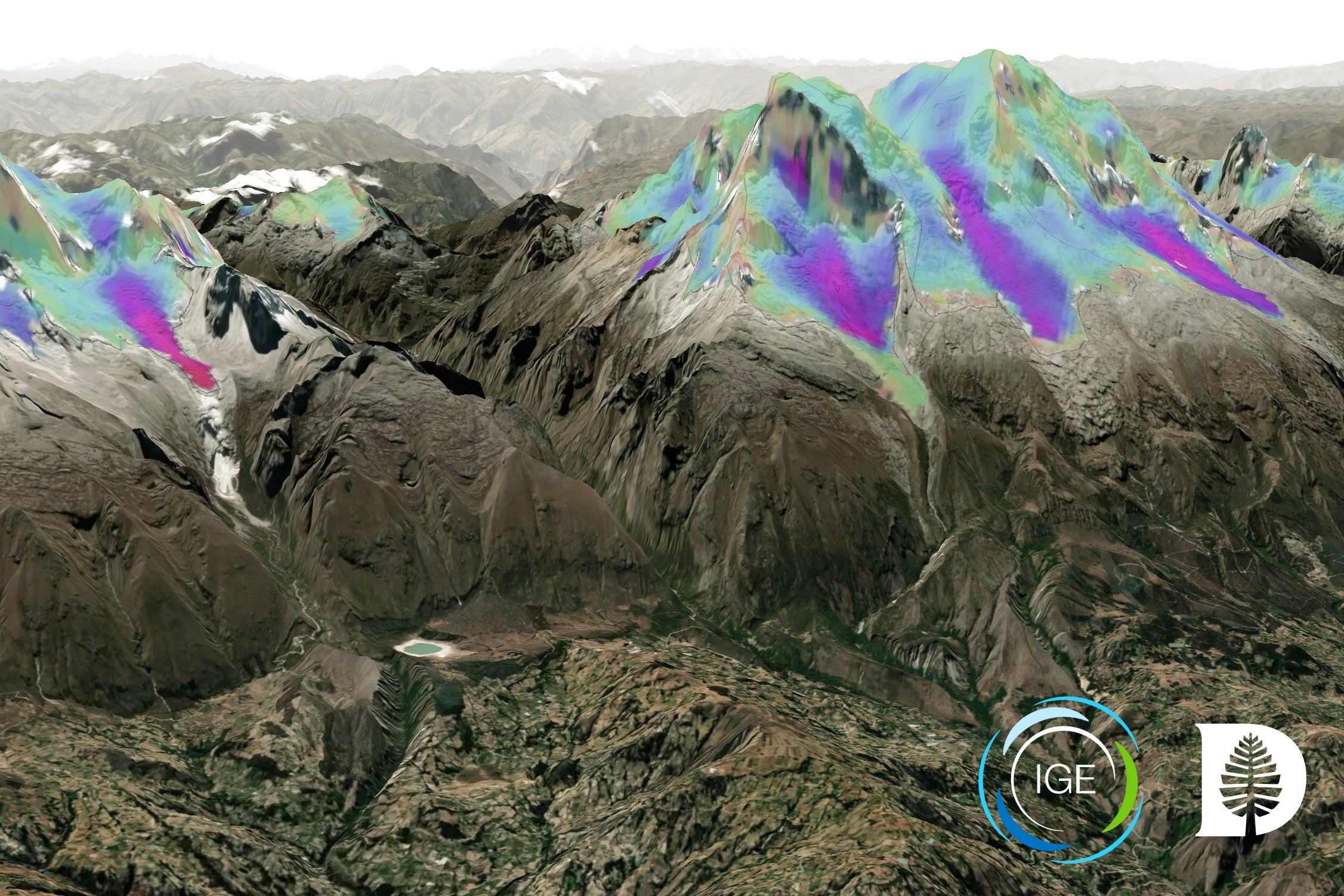Using data on glacier velocity, South America’s tropical Andes mountains were found to have up to 23% less ice and freshwater availability. Darker colors overlayed here on Peru’s Cordillera Blanca range, signify faster glacial speed