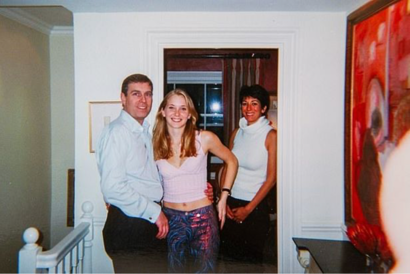 An uncropped image showing Andrew, Ms Giuffre and Maxwell, with a blur in the corner