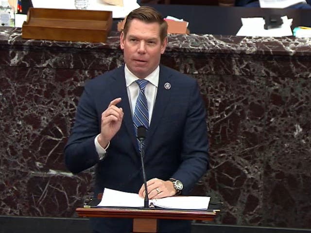 <p>Eric Swalwell while leading the second impeachment of Donald Trump in February 2021</p>