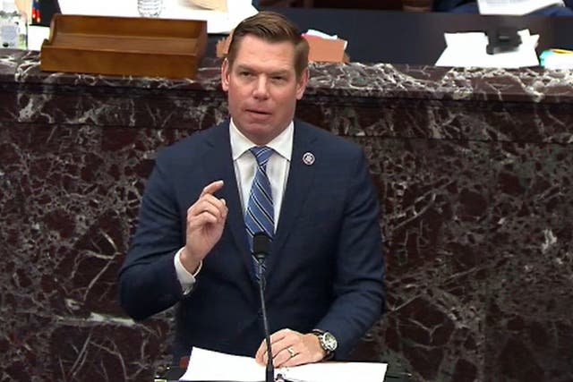 <p>Eric Swalwell while leading the second impeachment of Donald Trump in February 2021</p>