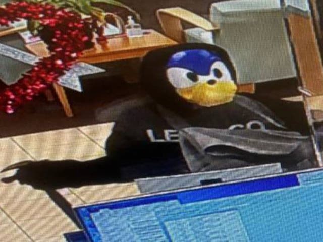 <p>A would-be bank robber wearing a Sonic the Hedgehog mask and wielding a hammer is captured on surveillance video demanding money from a bank teller in Florida. The individual escaped on foot and has not been located.  No one was hurt and no money was taken. </p>