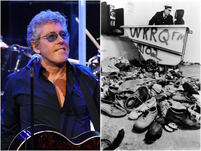 <p>Daltrey on stage in 2017 (left) and the aftermath of the 1979 concert stampede</p>