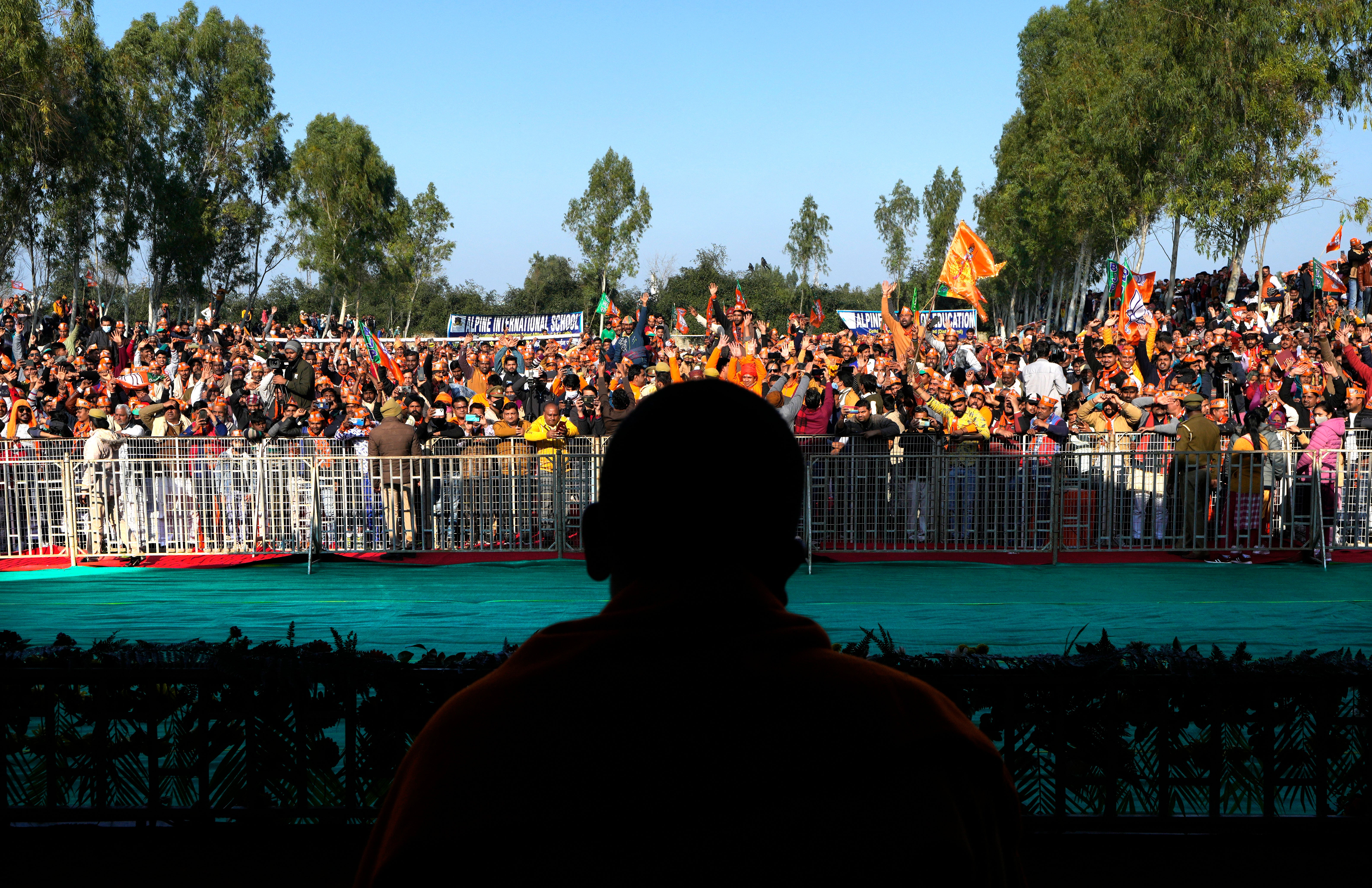 File: A silhouette of Yogi Adityanath, a polarising right-wing monk facing re-election in Uttar Pradesh, India’s most populous state