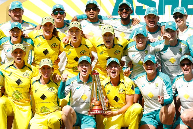 <p>Australia celebrates winning game three and the Women’s Ashes after final ODI victory in Melbourne </p>