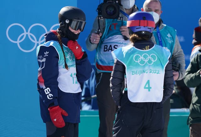<p>Great Britain's Kirsty Muir (left) with China's Ailing Eileen Gu after the Women's Freeski Big Air Final</p>