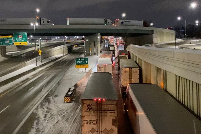 <p>Truckers stand in line as they block the Ambassador Bridge (not pictured) on the I-75 and I-96 highways in Detroit</p>