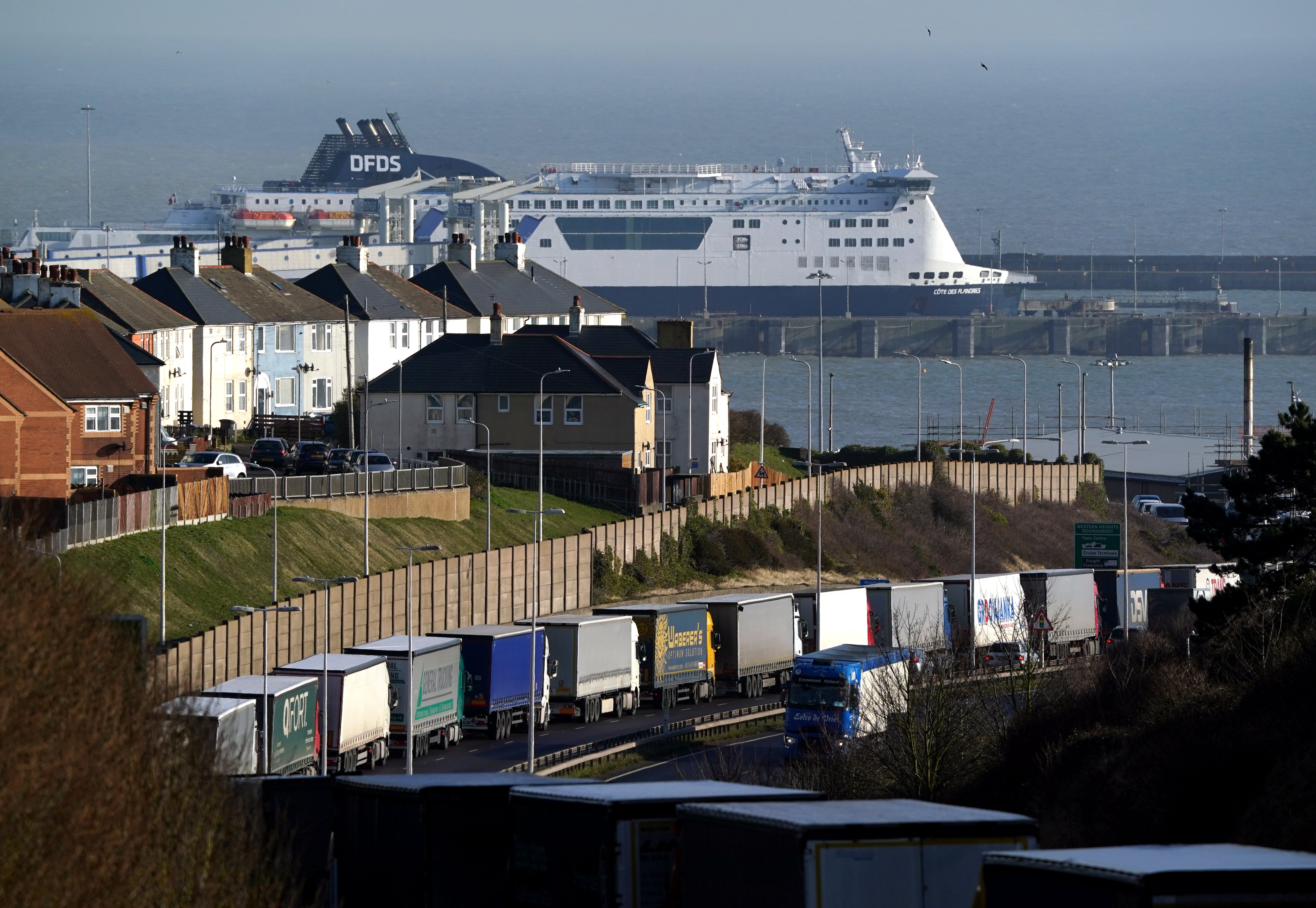 Lorries queue for the Port of Dover in Kent